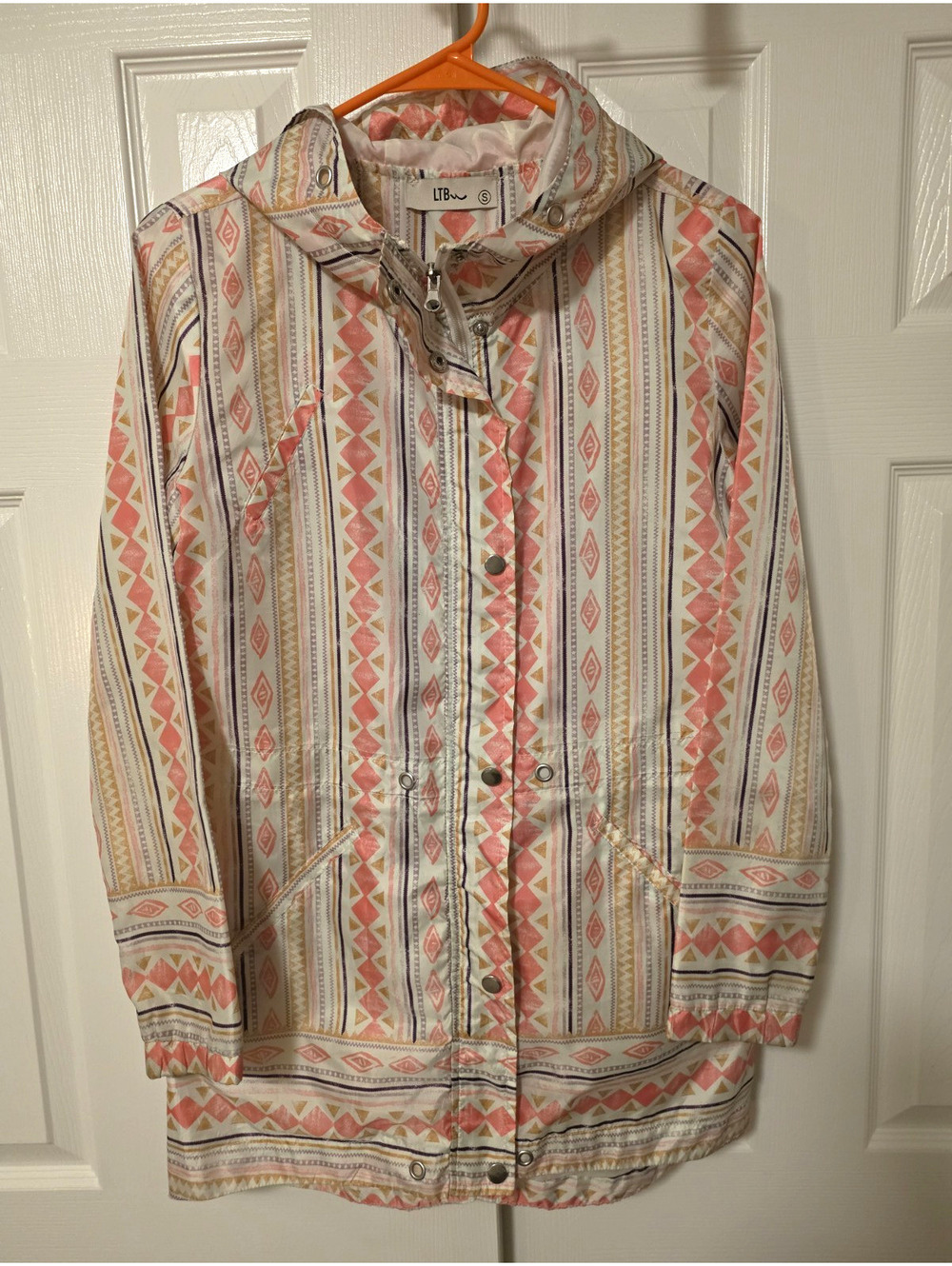 LTB Women's Hooded Aztec Geometric Multicolor Raincoat Jacket S Zip/Snap